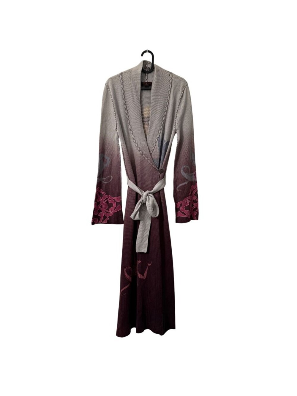 Raw 7 VTG RARE Y2K Cashmere Embroidered Flower Girl Belted Duster Cardigan XL